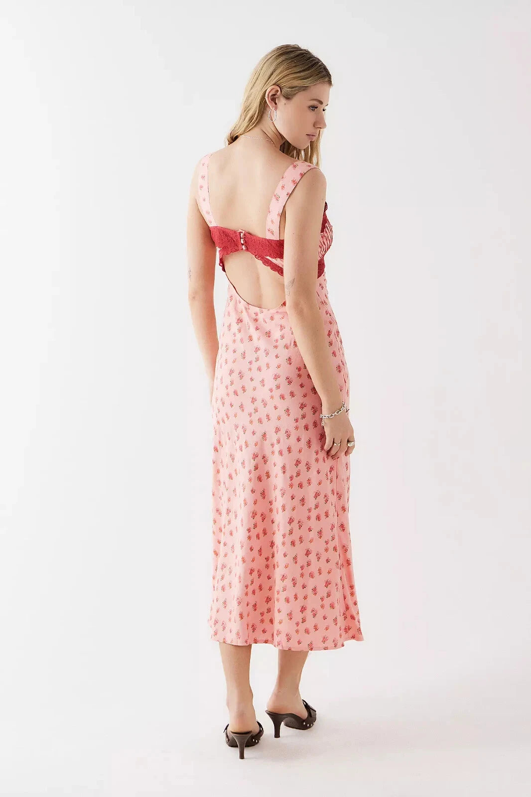 Urban Outfitters Light Before Dark Bex Floral Print Lingerie Slip Dress – back on model pink