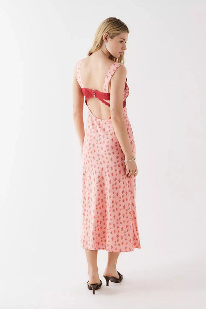 Urban Outfitters Light Before Dark Bex Floral Print Lingerie Slip Dress – back on model pink