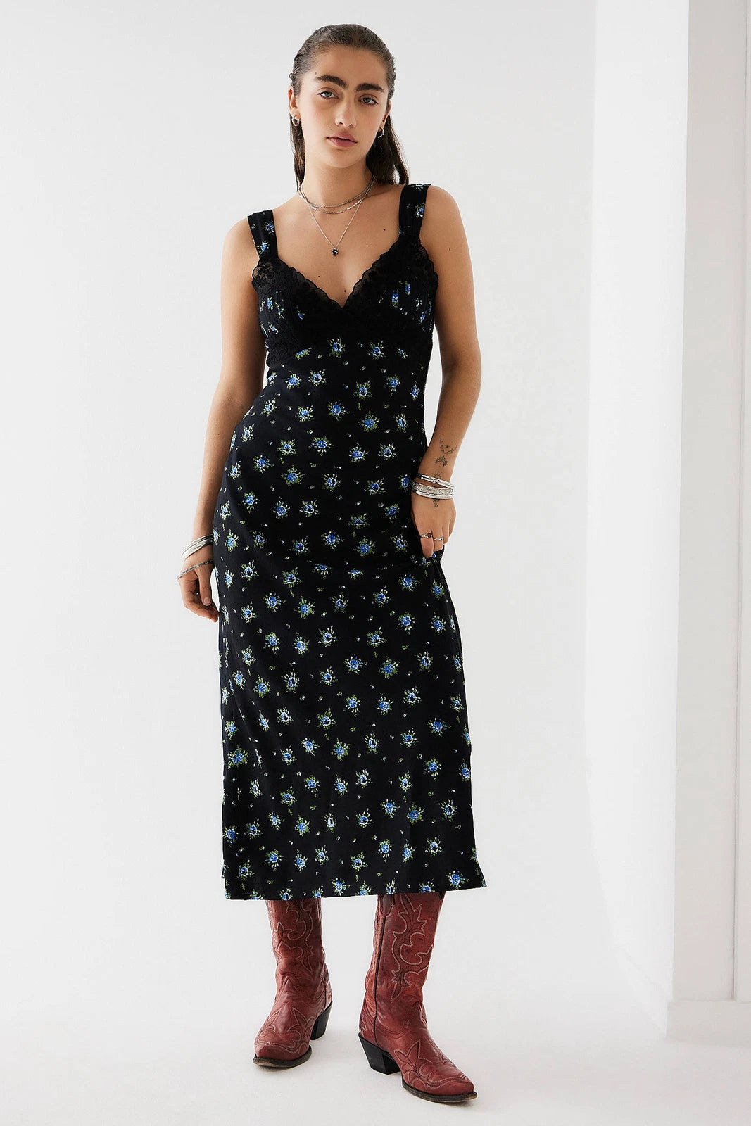 Urban Outfitters Light Before Dark Bex Floral Print Lingerie Slip Dress – front on model black