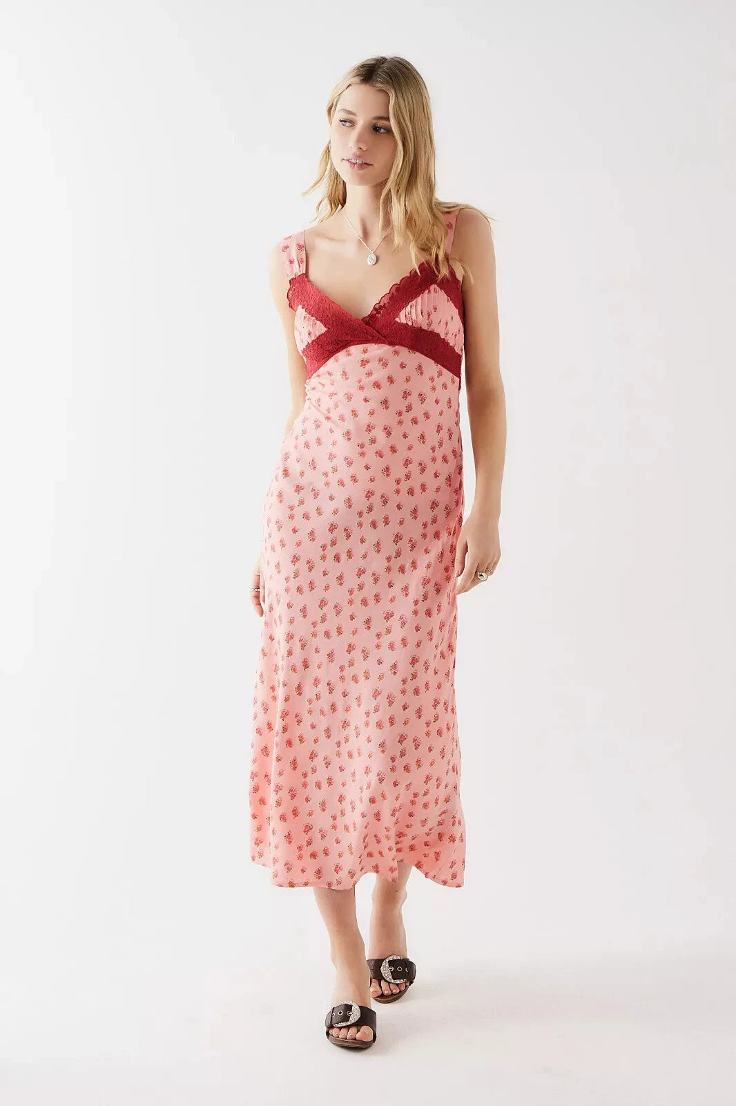 Urban Outfitters Light Before Dark Bex Floral Print Lingerie Slip Dress – front on model pink